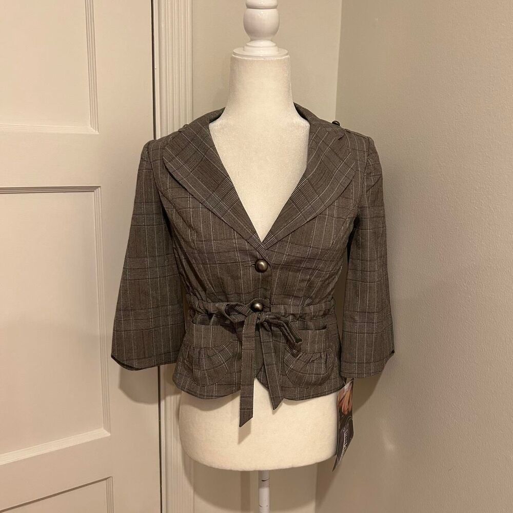 Y2k First Kiss Deadstock Fitted Blazer 3/4 Sleeve Tie Waist Plaid Small